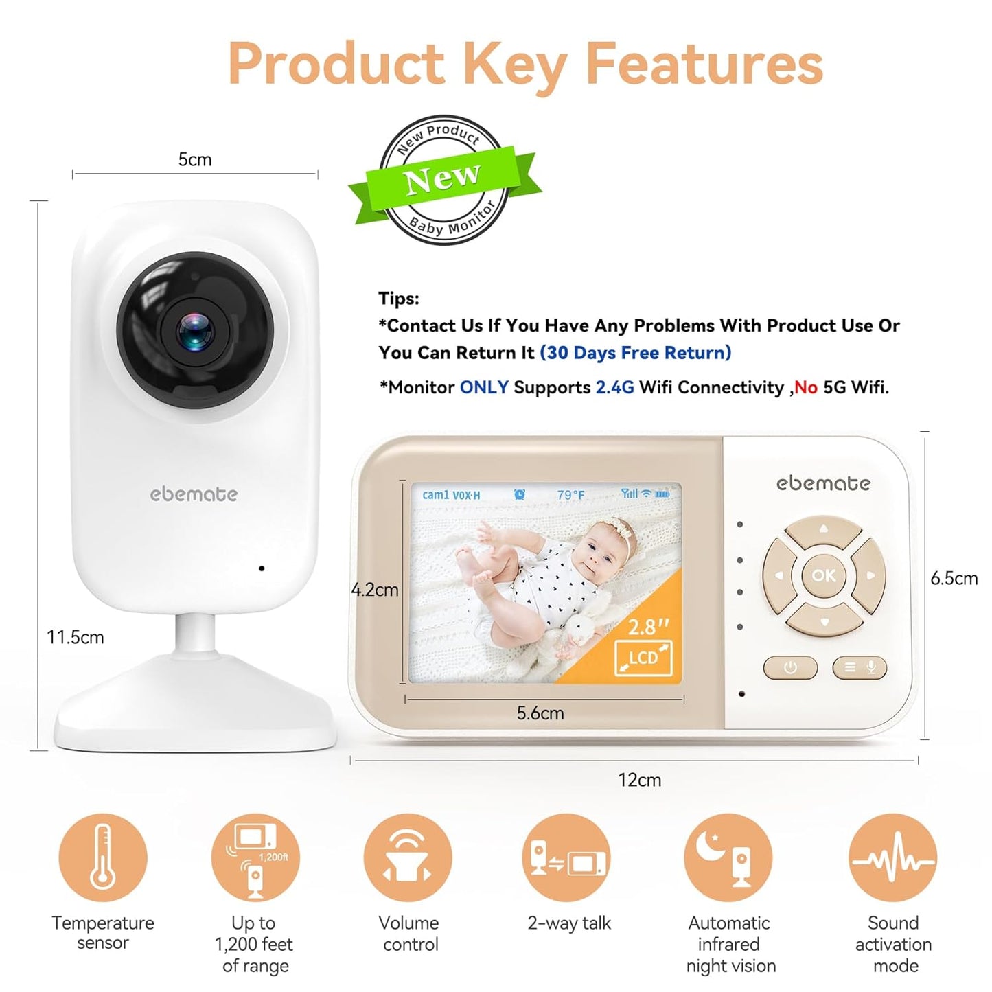 Video Baby Monitor Camera with 2.8" LCD Screen Video & Audio No Glow Night Vision,2-Way Talk Audio Cam Baby Monitoring 1200FT Range EBE28