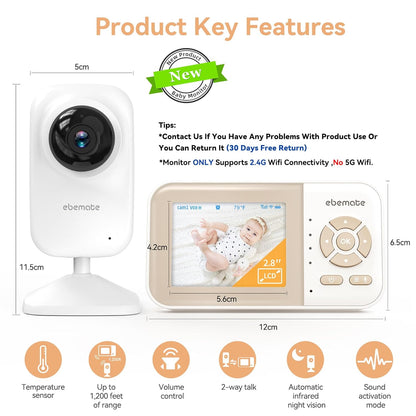 Video Baby Monitor Camera with 2.8" LCD Screen Video & Audio No Glow Night Vision,2-Way Talk Audio Cam Baby Monitoring 1200FT Range EBE28